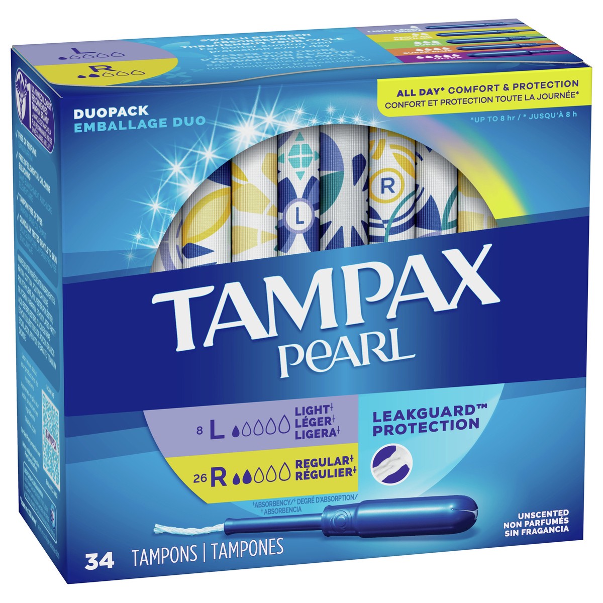slide 2 of 5, Tampax Pearl Tampons Duo Pack, Light/Regular Absorbency with BPA-Free Plastic Applicator and LeakGuard Braid, Unscented, 34 Count, 34 ct