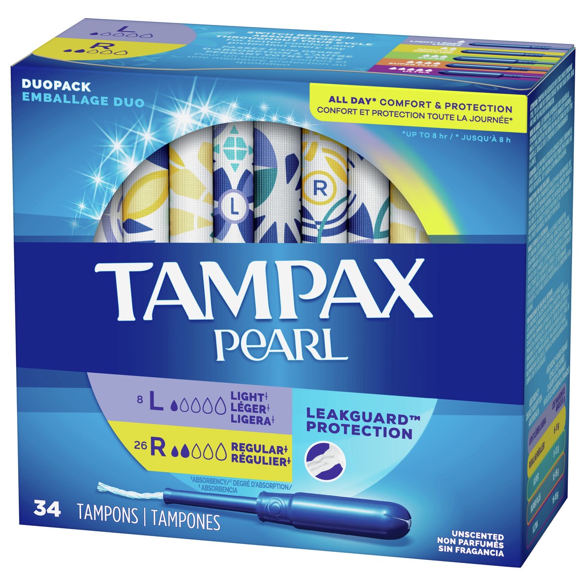 slide 3 of 5, Tampax Pearl Tampons Duo Pack, Light/Regular Absorbency with BPA-Free Plastic Applicator and LeakGuard Braid, Unscented, 34 Count, 34 ct