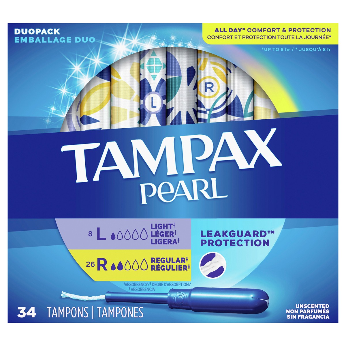slide 1 of 5, Tampax Pearl Tampons Duo Pack, Light/Regular Absorbency with BPA-Free Plastic Applicator and LeakGuard Braid, Unscented, 34 Count, 34 ct