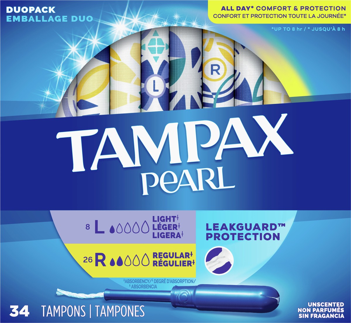 slide 5 of 5, Tampax Pearl Tampons Duo Pack, Light/Regular Absorbency with BPA-Free Plastic Applicator and LeakGuard Braid, Unscented, 34 Count, 34 ct