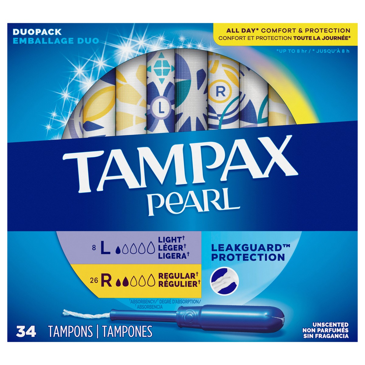 slide 1 of 5, Tampax Pearl Tampons Duo Multipack, with LeakGuard Braid, Light/Regular Absorbency, Unscented, 34 Count, 34 ct