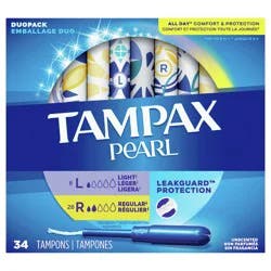 Tampax Pearl Tampons Duo Pack, Light/Regular Absorbency with BPA-Free Plastic Applicator and LeakGuard Braid, Unscented, 34 Count