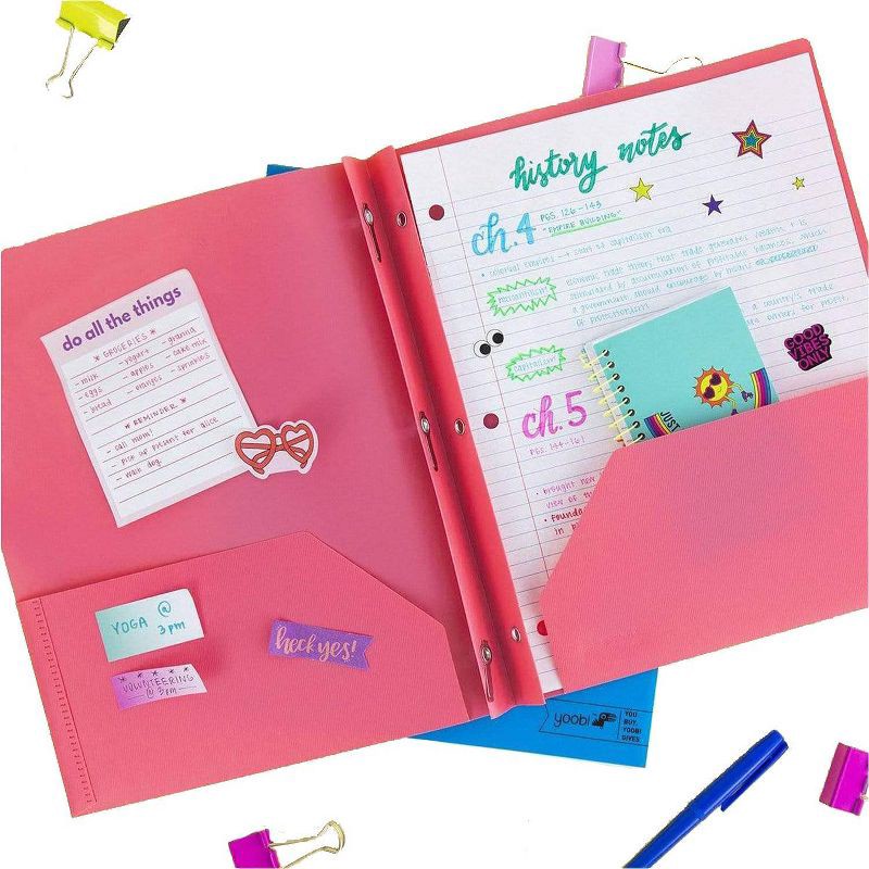 slide 5 of 5, 2 Pocket Plastic Folder with Prong Fasteners Pink - Yoobi™: Stationery, 3 Hole Punched, 100 Sheet Capacity, Internal Pockets, 1 ct