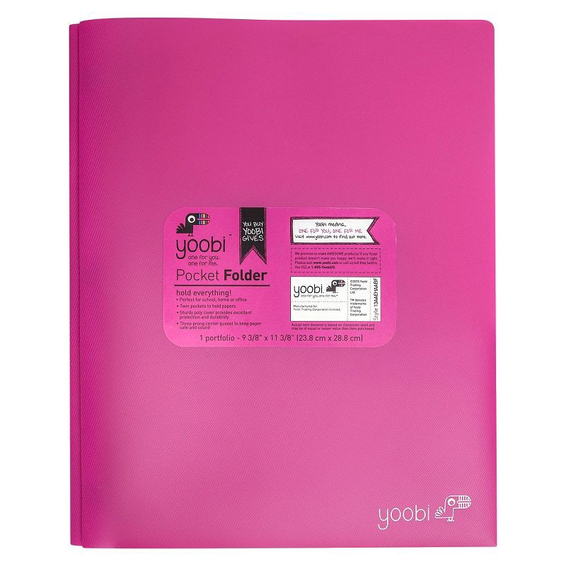 slide 1 of 5, 2 Pocket Plastic Folder with Prong Fasteners Pink - Yoobi™: Stationery, 3 Hole Punched, 100 Sheet Capacity, Internal Pockets, 1 ct