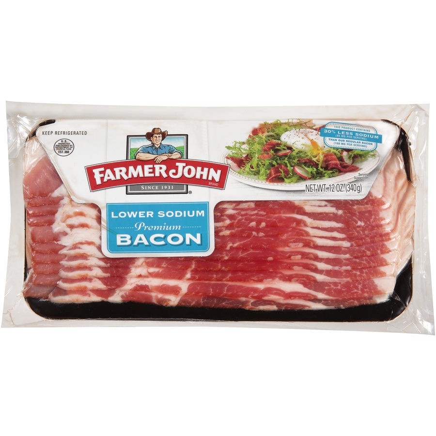 slide 1 of 6, Farmer John Low Sodium Bacon, 12 oz