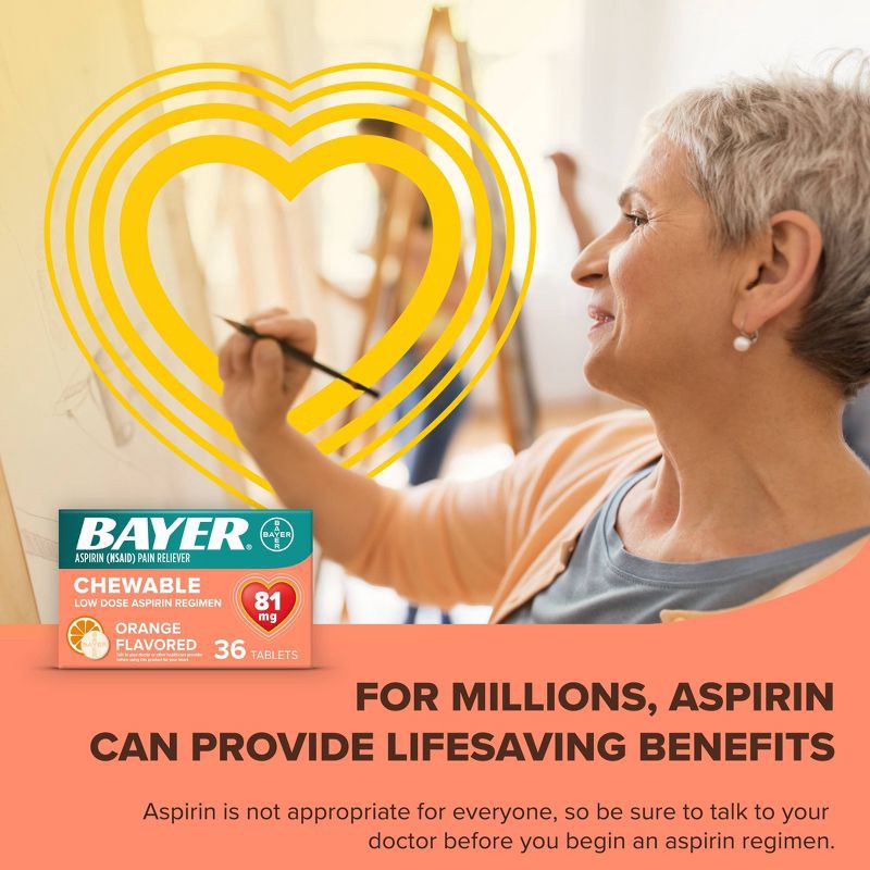 slide 3 of 7, Bayer Low Dose Aspirin 81mg Pain Reliever Chewable Tablets - Aspirin (NSAID) - Orange Flavor - 108ct, 108 ct; 81 mg