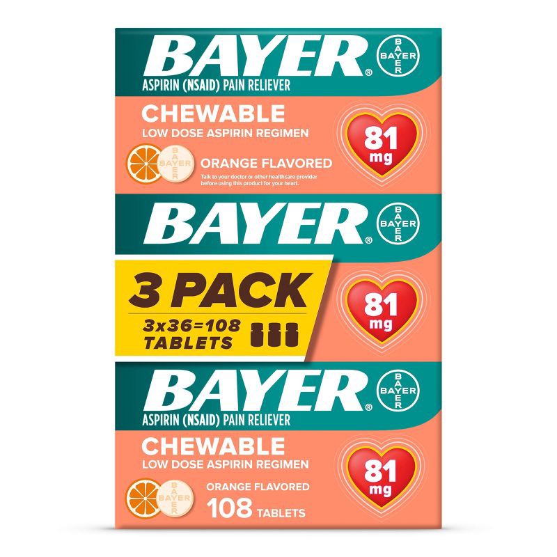 slide 1 of 7, Bayer Low Dose Aspirin 81mg Pain Reliever Chewable Tablets - Aspirin (NSAID) - Orange Flavor - 108ct, 108 ct; 81 mg