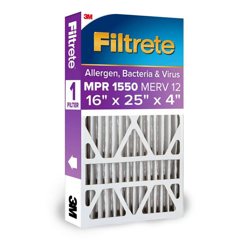 slide 1 of 13, Filtrete 16" x 25" x 4" Allergen Bacteria and Virus Deep Pleat Air Filter 1550 MPR: MERV 12 Electrostatic Furnace Filter, 1 ct