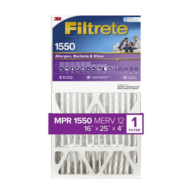 slide 11 of 11, Filtrete 16" x 25" x 4" Allergen Bacteria and Virus Deep Pleat Air Filter 1550 MPR: MERV 12 Electrostatic Furnace Filter, 1 ct
