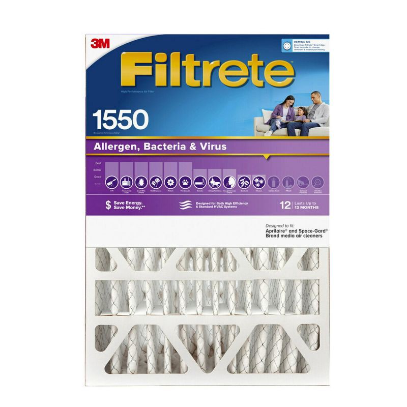 slide 13 of 13, Filtrete 20" x 25" x 4" Allergen Bacteria and Virus Air Filter 1550 MPR: MERV 12 Electrostatic for Home Furnaces, 1 ct