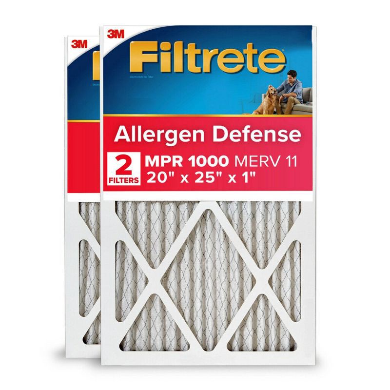 slide 1 of 8, Filtrete 20x25x1 2pk Allergen Defense Air Filter 1000 MPR: MERV 11, Electrostatic, Captures Dust & Pollen, Furnace Compatible, 2 ct