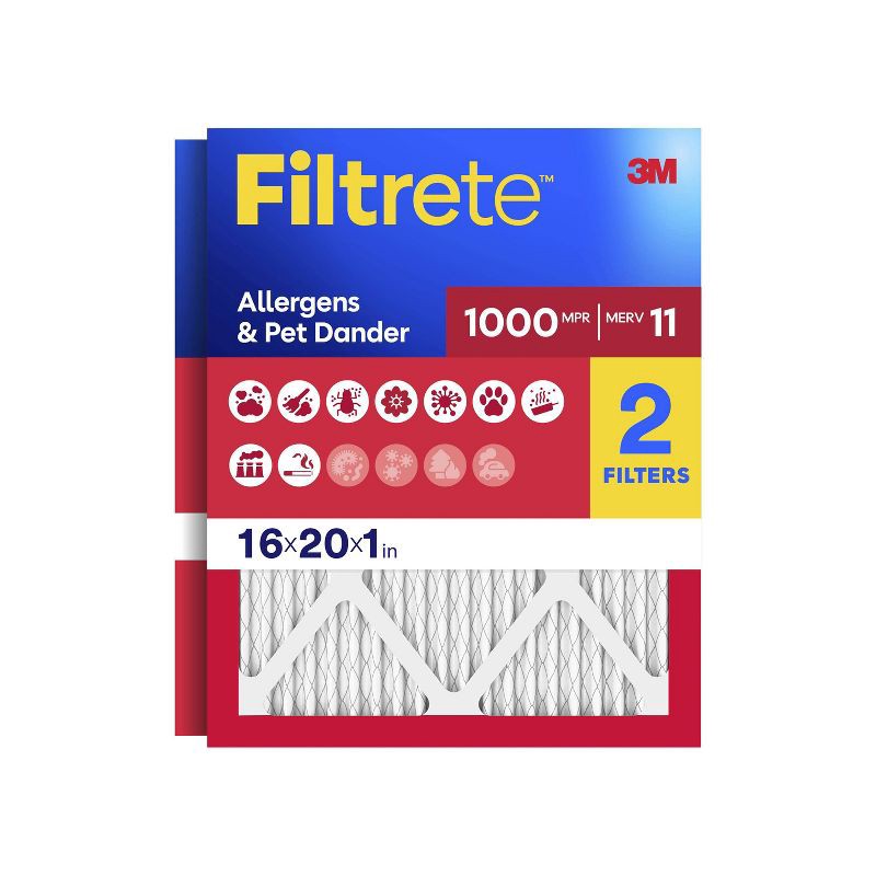 slide 1 of 16, Filtrete 16x20x1 2pk Allergen Defense Air Filter 1000 MPR: MERV 11 Electrostatic Furnace Filter, Captures Dust & Pollen, 2 ct