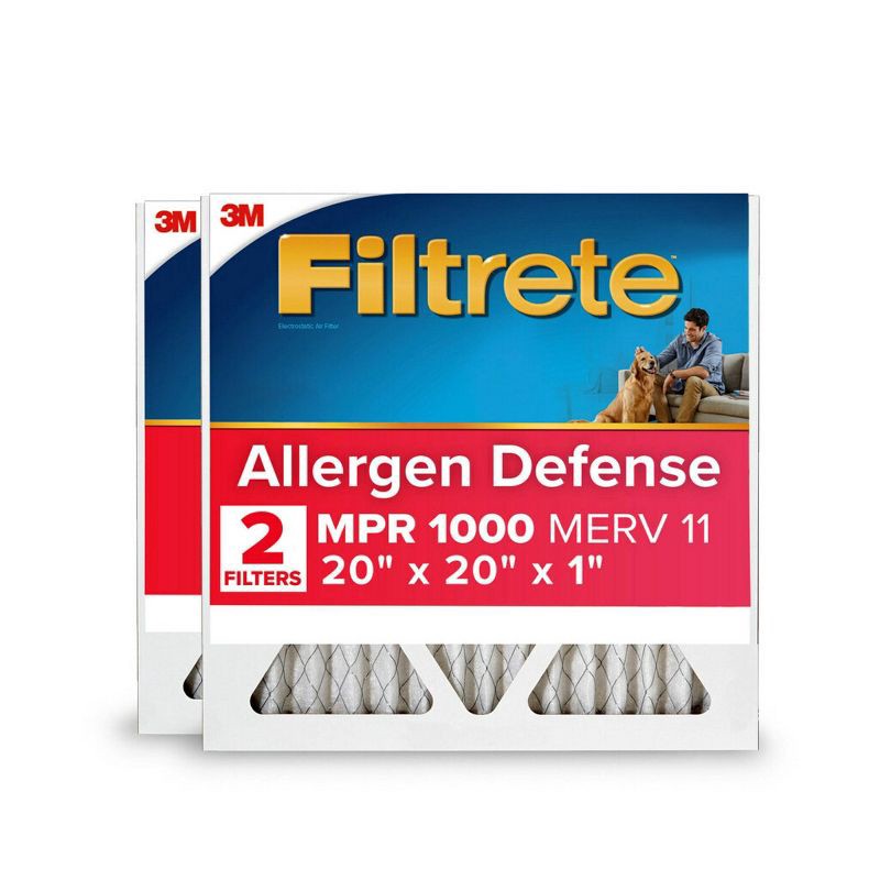 slide 1 of 8, Filtrete 20x20x1 2pk Allergen Defense Air Filter 1000 MPR: MERV 11 Electrostatic Furnace Filter, Captures Dust & Pollen, 2 ct