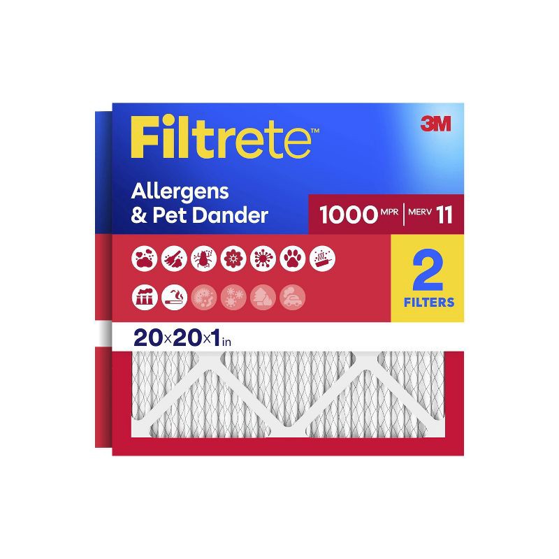 slide 1 of 13, Filtrete 20x20x1 2pk Allergen Defense Air Filter 1000 MPR: MERV 11 Electrostatic Furnace Filter, Captures Dust & Pollen, 2 ct