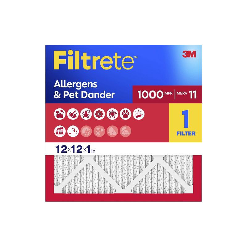 slide 1 of 15, Filtrete 12"x12"x1" Allergens Pet Dander MPR 1000 MERV 11 Electrostatic Captures Dust Pollen HVAC Furnace Air Filter, 1 ct