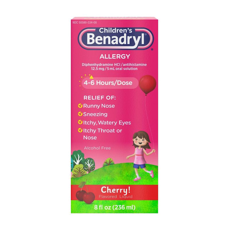 slide 2 of 9, Children's Benadryl Diphenhydramine Allergy Relief Liquid - Cherry Flavor - 8 fl oz, 8 fl oz