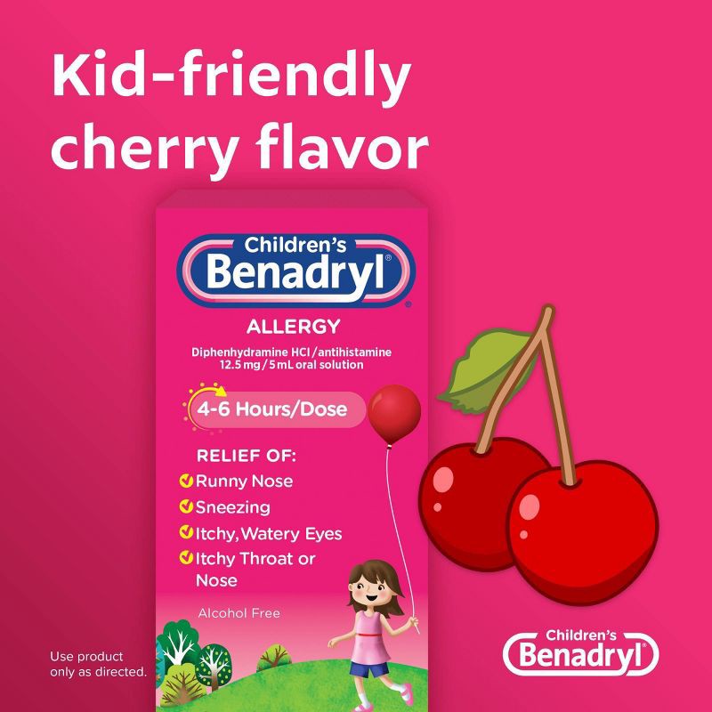 slide 8 of 9, Children's Benadryl Diphenhydramine Allergy Relief Liquid - Cherry Flavor - 8 fl oz, 8 fl oz