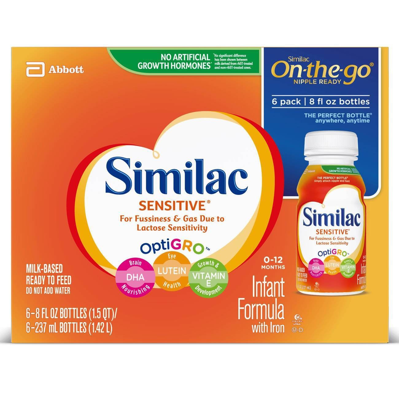 slide 1 of 8, Similac Sensitive For Fussiness And Gas Infant Formula With Iron Ready To Feed Bottles, 6 ct; 8 fl oz