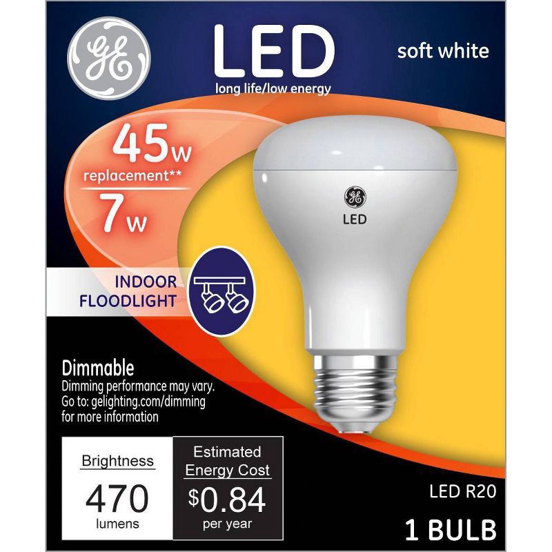 slide 1 of 7, GE Household Lighting GE 45W R20 Short Neck LED Light Bulb Soft White: Dimmable, 50 Watt Equivalent, Energy Star Certified, E26 Base, 1 ct