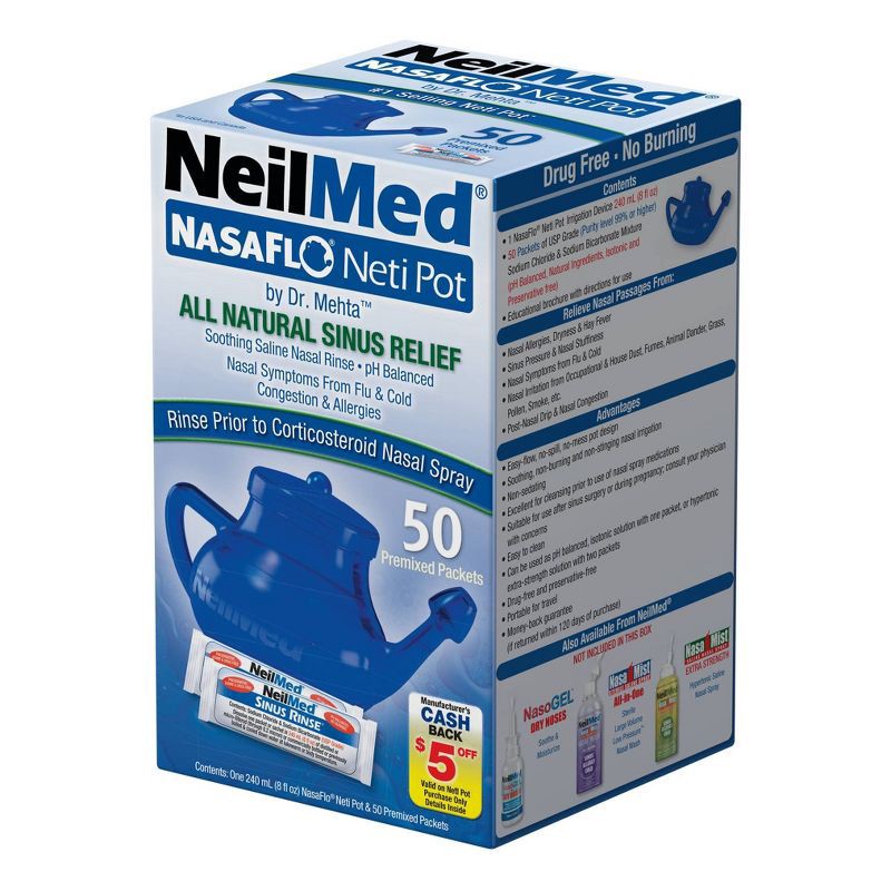 slide 2 of 6, NeilMed NasaFlo Neti Pot Sinus Relief with Premixed Packets - 50ct, 50 ct