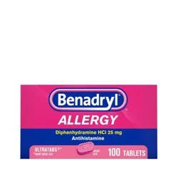 Benadryl Ultratabs Diphenhydramine Antihistamine Cold & Allergy Relief Tablets - 100ct