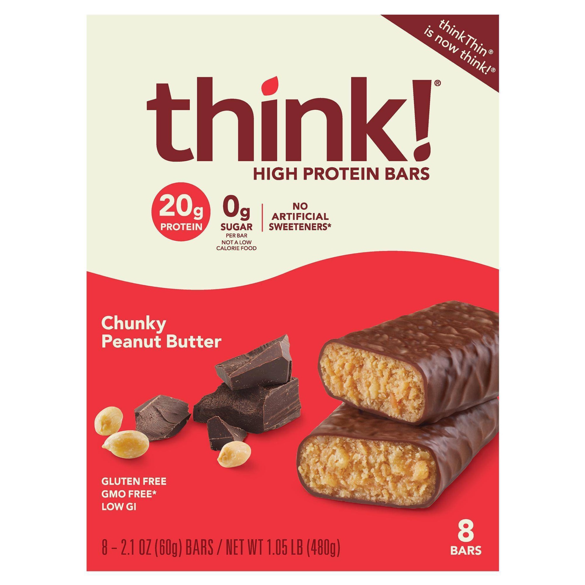 slide 1 of 3, thinkThin High Protein Chunky Peanut Butter Bars, 8 ct