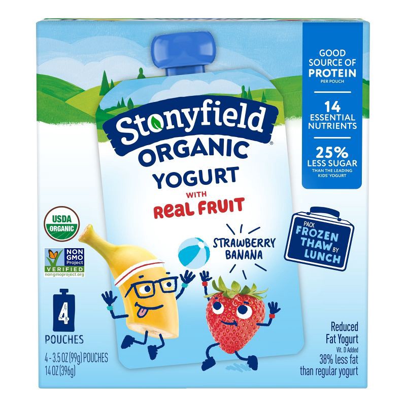slide 1 of 14, Stonyfield Organic ' Strawberry Banana Yogurt - 4ct/3.5oz Pouches: No Added Antibiotics, Gluten-Free, 5g Protein, 4 ct; 3.5 oz
