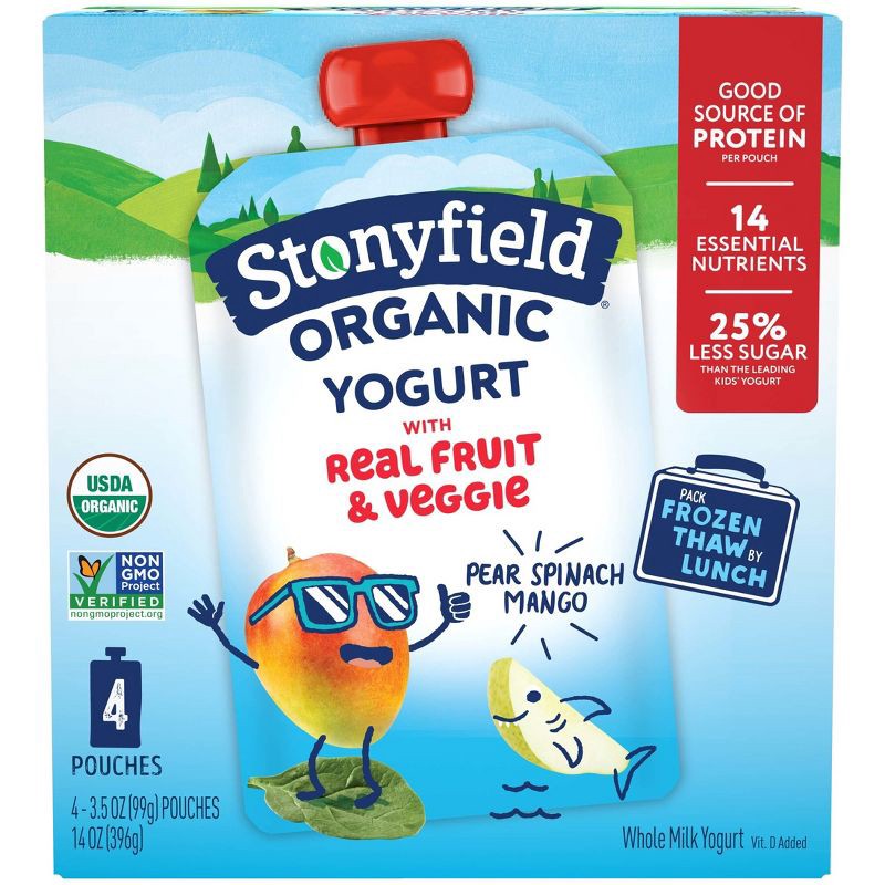 slide 3 of 9, Stonyfield Organic Whole Milk Pear Spinach Mango Kids' Yogurt - 4ct/3.5oz Pouches, 4 ct; 3.5 oz