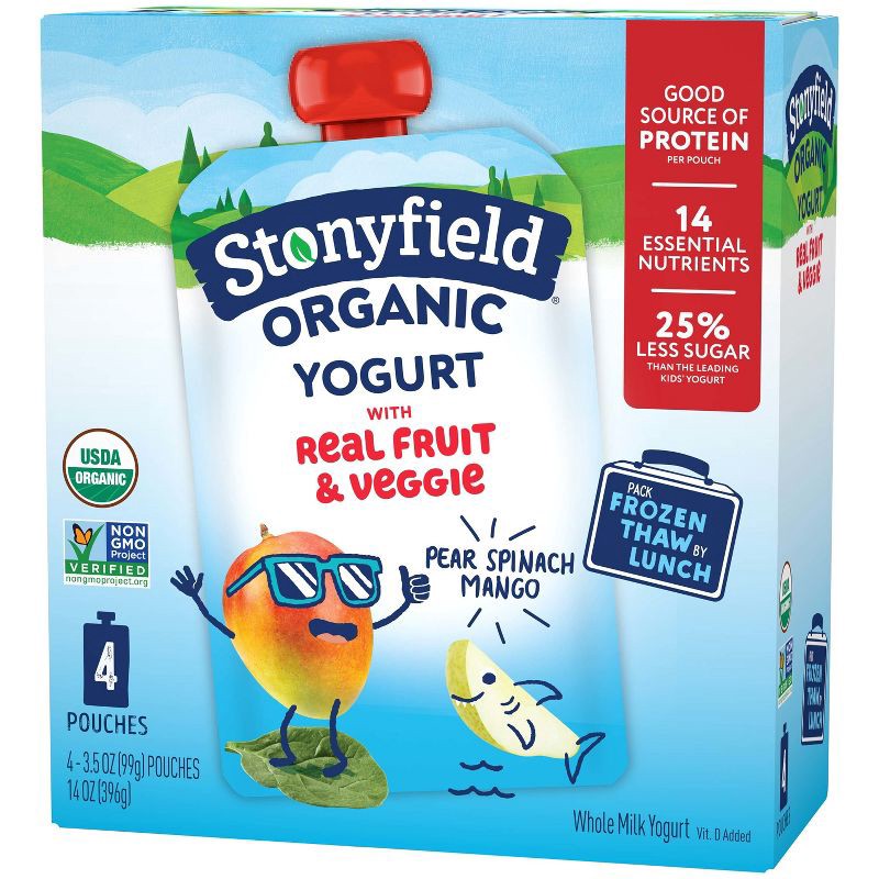 slide 1 of 8, Stonyfield Organic Whole Milk Pear Spinach Mango Kids' Yogurt - 4ct/3.5oz Pouches, 4 ct; 3.5 oz