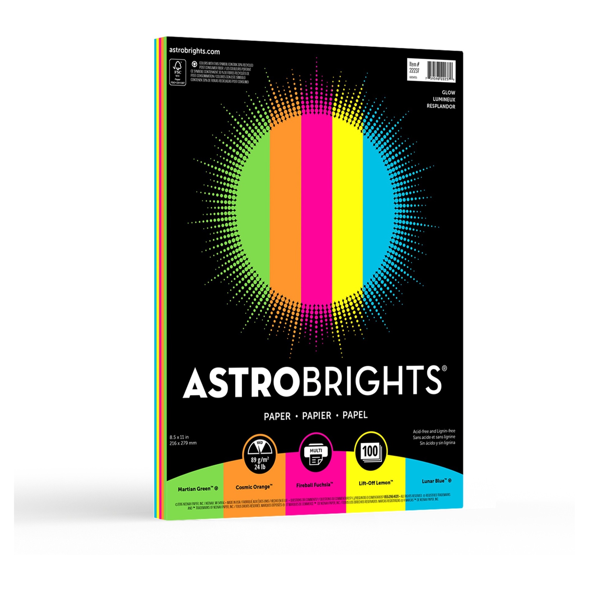 slide 1 of 6, Astrobrights Colored Paper 8.5" x 11" 24lb 100ct Glow, 24 lb, 100 ct