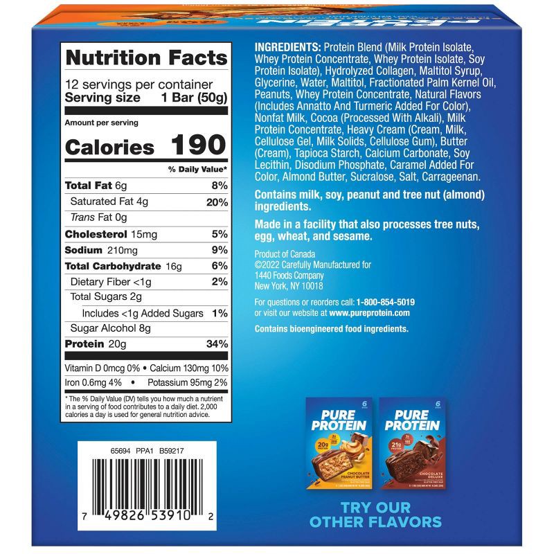 slide 5 of 6, Pure Protein 20g Protein Bar - Chocolate Peanut Caramel - 12ct, 20 gram, 12 ct