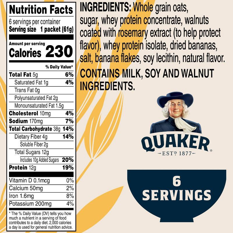 slide 4 of 8, Quaker Instant Protein Banana Nut Oatmeal - 6ct / 12.9oz, 6 ct