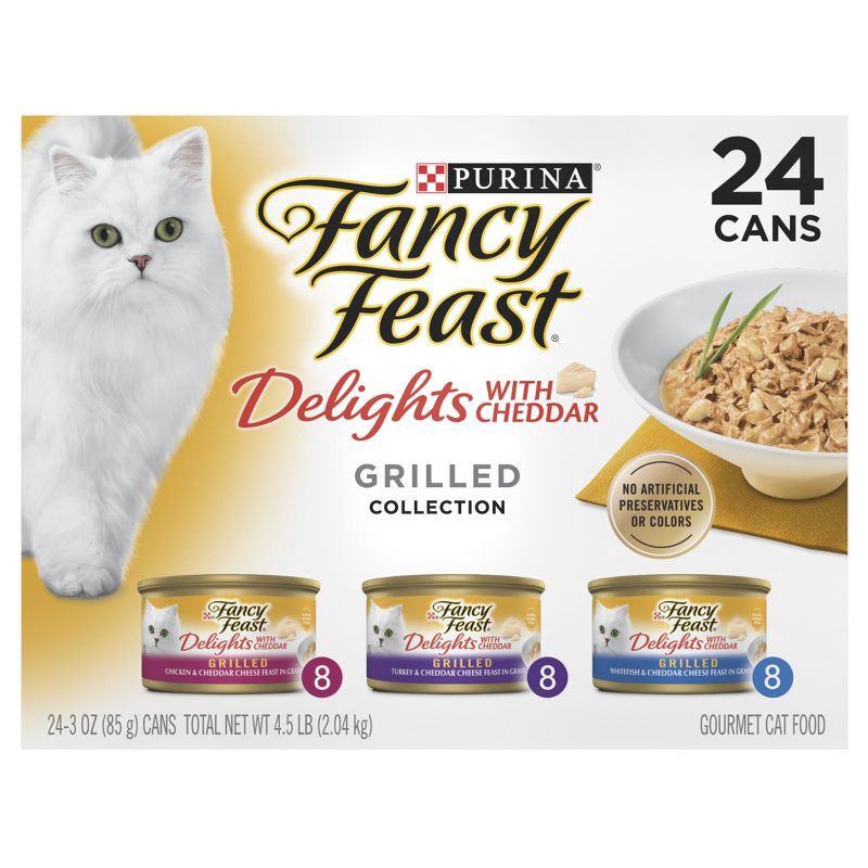 slide 2 of 12, Purina Fancy Feast Delights Variety Pack Chicken,Turkey, Fish and Cheddar Flavor Wet Cat Food Cans - 3oz/24ct, 24 ct; 3 oz