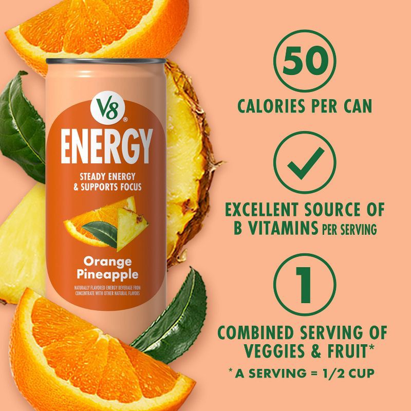 slide 5 of 9, V8 Juice V8 +ENERGY Orange Pineapple Energy Drink - 6pk/8 fl oz Cans, 6 ct; 8 fl oz