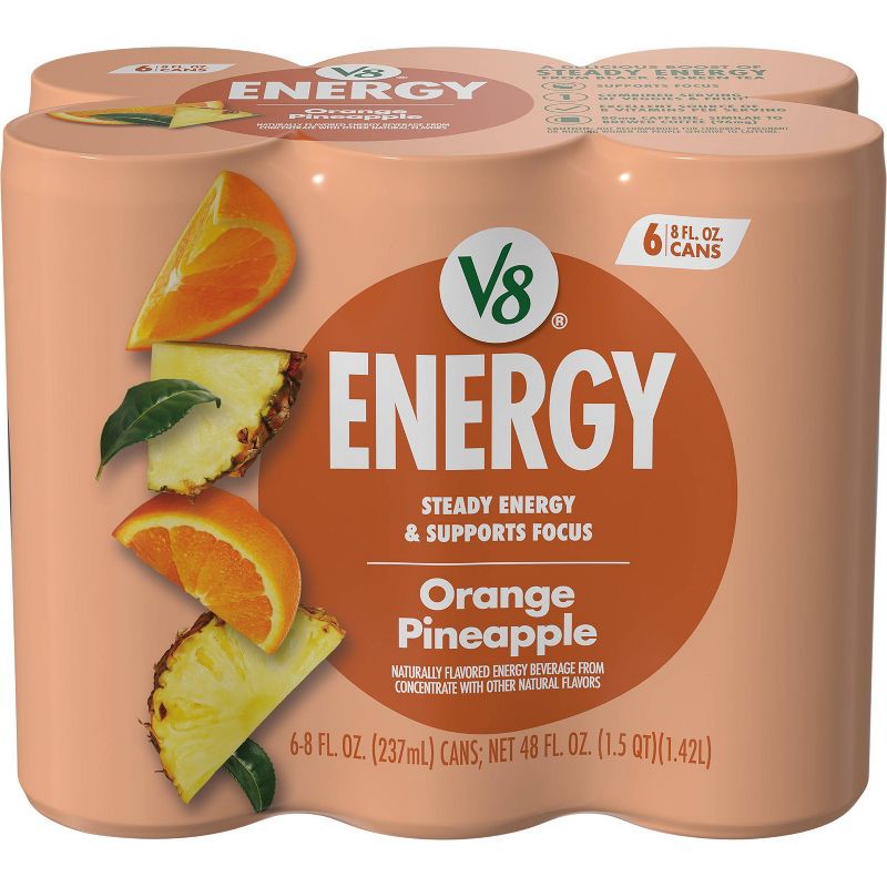 slide 1 of 9, V8 Juice V8 +ENERGY Orange Pineapple Energy Drink - 6pk/8 fl oz Cans, 6 ct; 8 fl oz