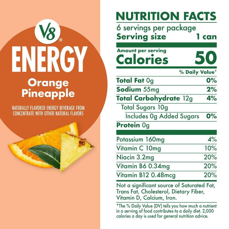 slide 7 of 9, V8 Juice V8 +ENERGY Orange Pineapple Energy Drink - 6pk/8 fl oz Cans, 6 ct; 8 fl oz