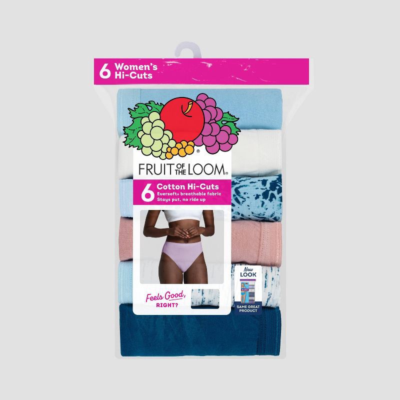 slide 5 of 5, Fruit of the Loom Women's 6pk Hi-Cut Underwear - Colors May Vary 5: Cotton Knit, Tagless, Breathable, Moisture Wicking, Solid & Stripes, 6 ct