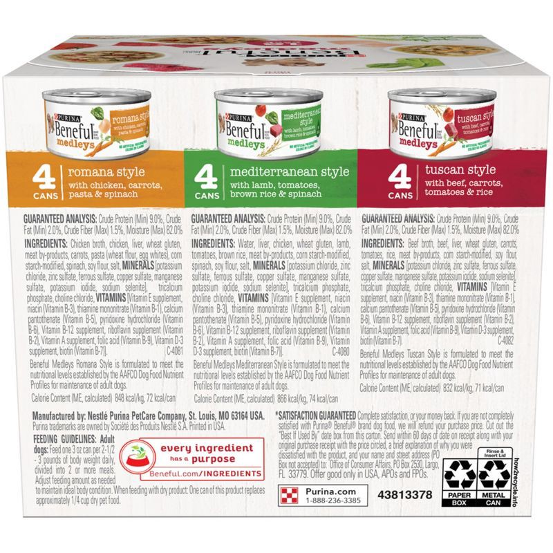 slide 9 of 13, Purina Beneful Medleys Tuscan, Romana & Mediterranean Styles with Chicken, Beef and Lamb Flavor Wet Dog Food - 3oz/12ct Variety Pack, 12 ct; 3 oz