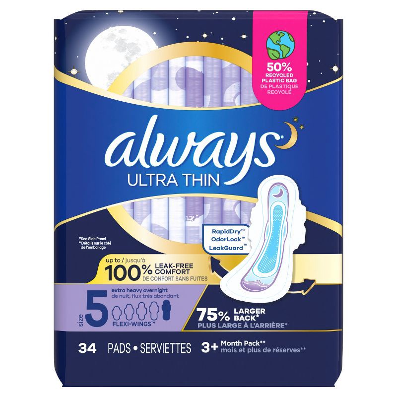 slide 2 of 10, Always Ultra Thin Extra Heavy Overnight Pads - Size 5 - 34ct, 34 ct