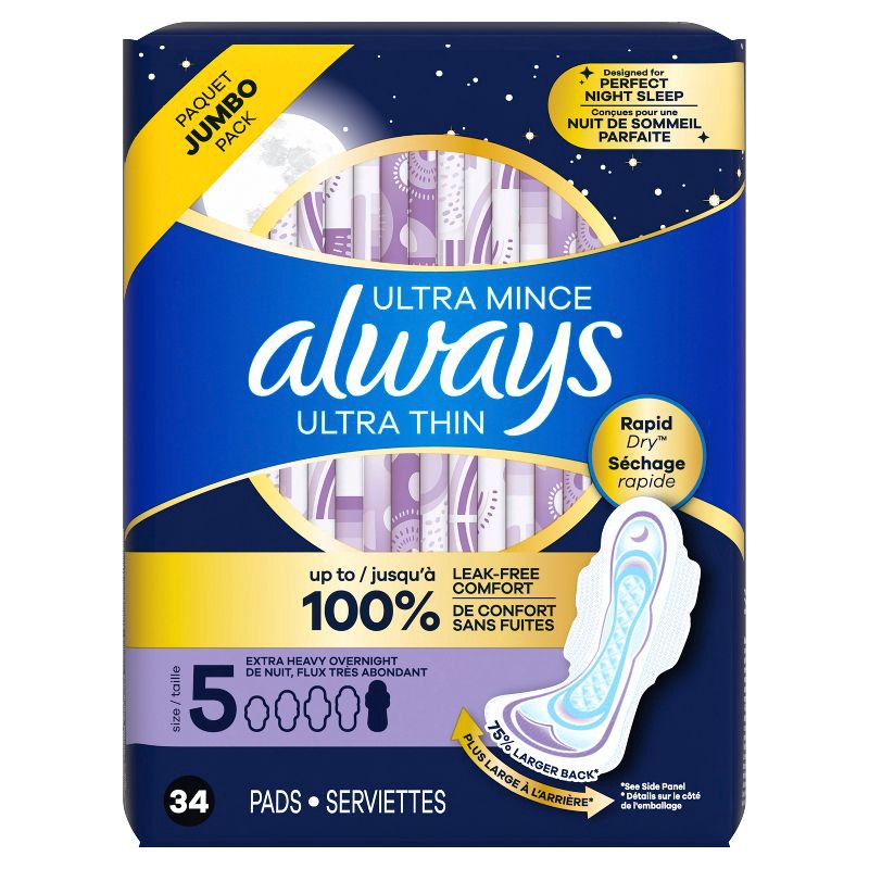 slide 10 of 14, Always Ultra Thin Extra Heavy Overnight Pads - Size 5 - 34ct, 5 x 34 ct