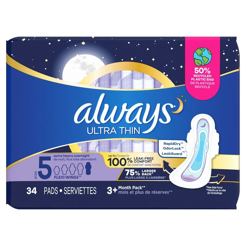 slide 10 of 10, Always Ultra Thin Extra Heavy Overnight Pads - Size 5 - 34ct, 34 ct