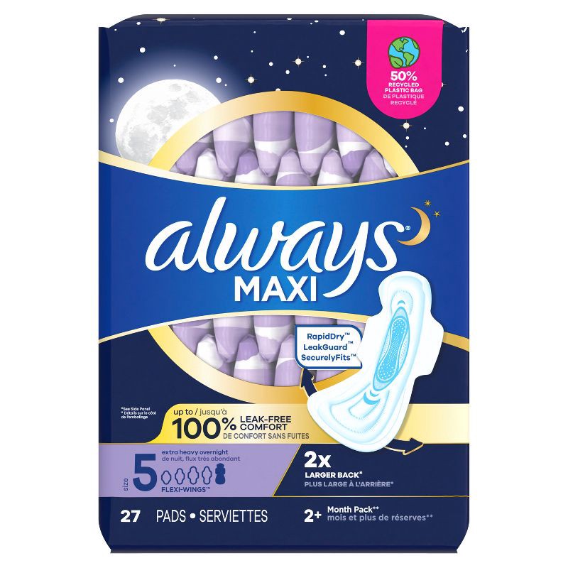 slide 2 of 9, Always Maxi Extra Heavy Overnight Pads with Wings - Size 5 - 27ct, 27 ct