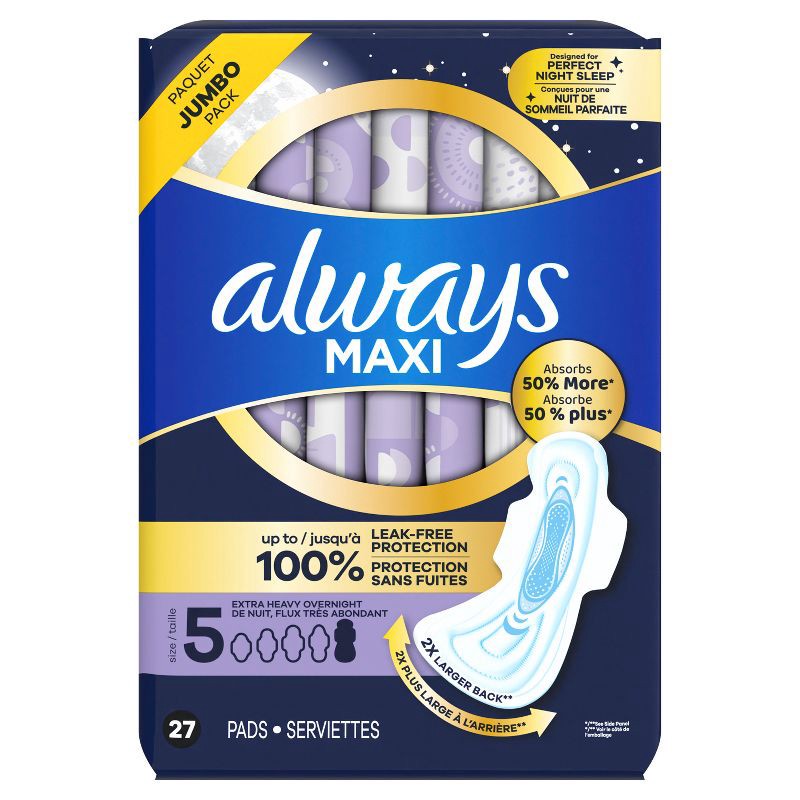 slide 3 of 11, Always Maxi Extra Heavy Overnight Pads with Wings - Size 5 - 27ct, 5 x 27 ct