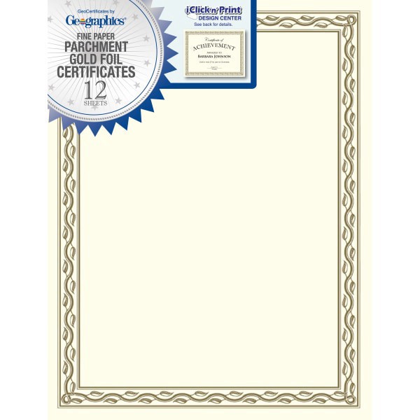 slide 1 of 4, Geographics 30% Recycled Blank Parchment Certificates, Serpentine Gold Foil, 12 ct; 8 1/2 in x 11 in
