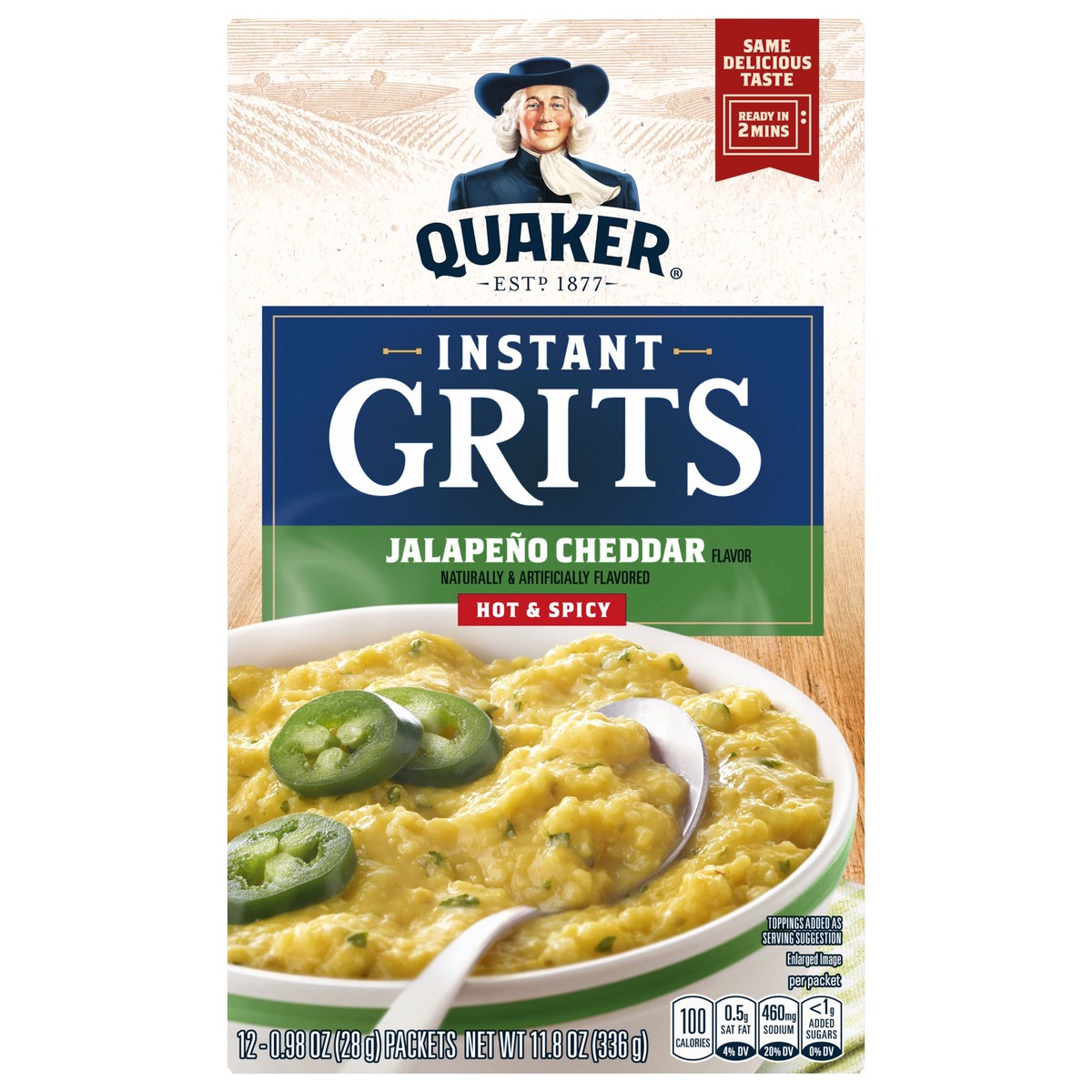 slide 1 of 6, Quaker Hot & Spicy Instant Grits Jalapeno Cheddar Naturally and Artificially Flavored 0.98 Oz 12 Count, 12 ct