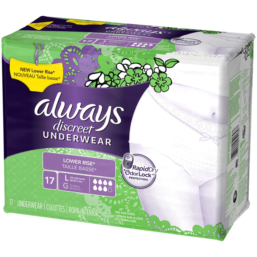 slide 4 of 4, Always Discreet Low Rise Large Incontinence Underwear, 17 ct