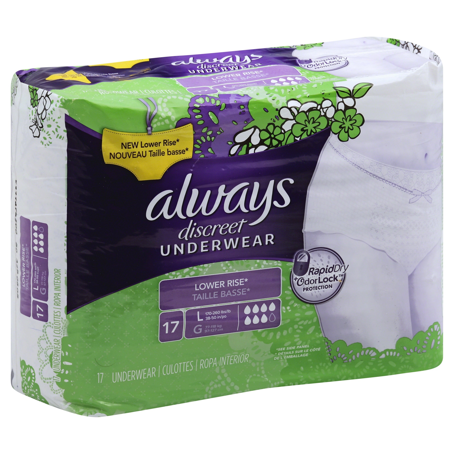 slide 1 of 4, Always Discreet Low Rise Large Incontinence Underwear, 17 ct