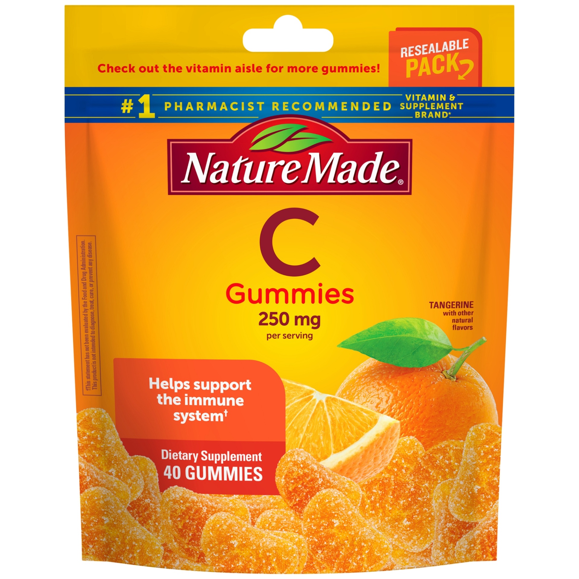 slide 1 of 1, Nature Made Vitamin C 250 mg, Dietary Supplement for Immune Support, Resealable Pack, 40 Gummies, 20 Day Supply, 40 ct