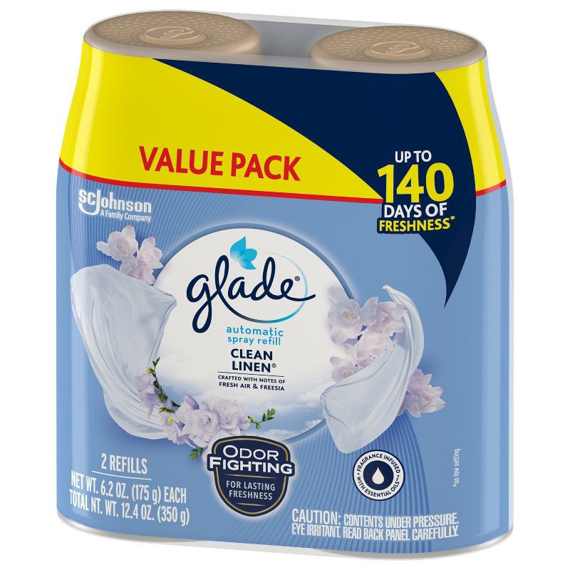 slide 13 of 14, Glade Automatic Air Freshener Room Spray Scent Refills - Clean Linen - 6.2oz/2ct, 2 ct; 6.2 oz