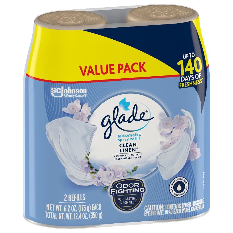 slide 14 of 14, Glade Automatic Air Freshener Room Spray Scent Refills - Clean Linen - 6.2oz/2ct, 2 ct; 6.2 oz